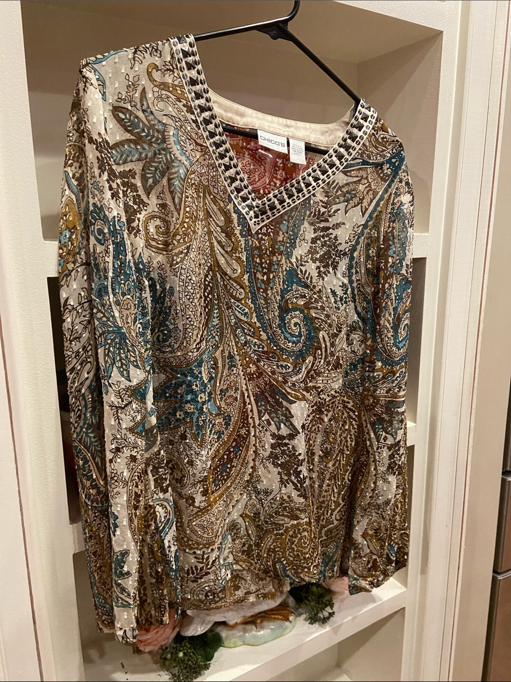 Chico's Embellished Paisley V-Neck Blouse in Rust, Teal & Cream
